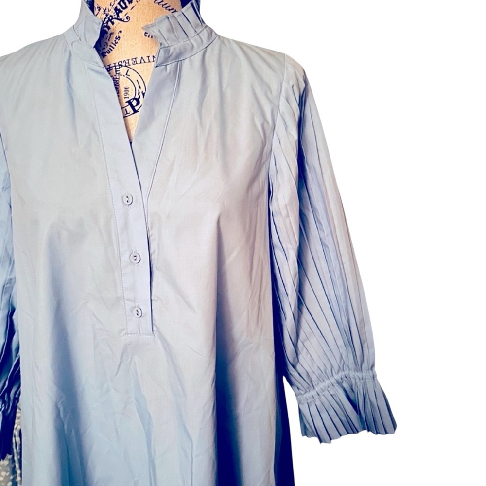 THML Mini Swing Dress Small Icy Baby Blue Poplin Pleated 3/4 Sleeve A Line NWOT - Picture 7 of 15